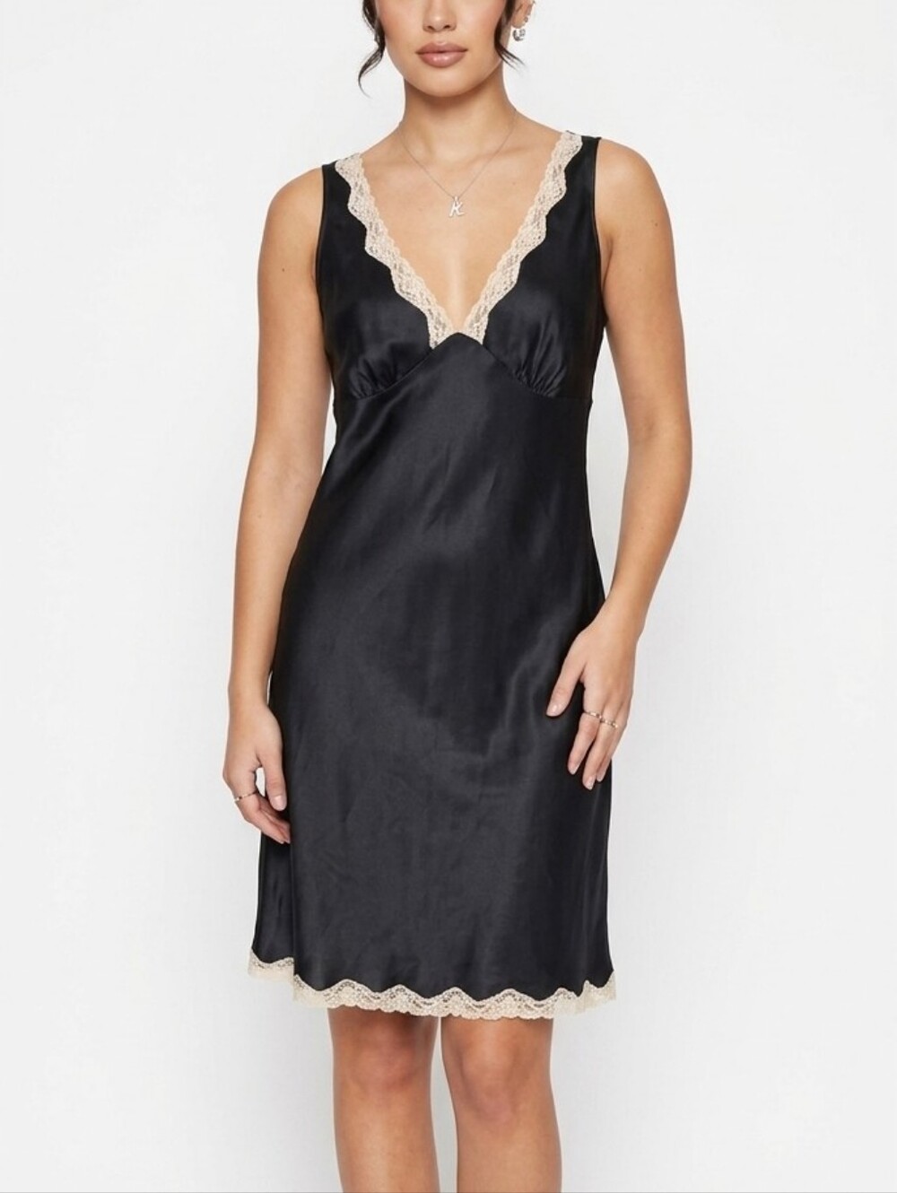 Vtg Y2K Victoria's Secret Black Satin Lace Trim V-Neck Chemise Midi Slip Dress M